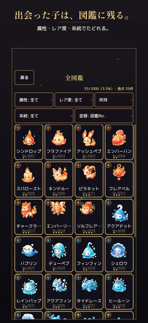 全図鑑の画面。属性・レア度・所持・系統でしぼりこめるグリッド